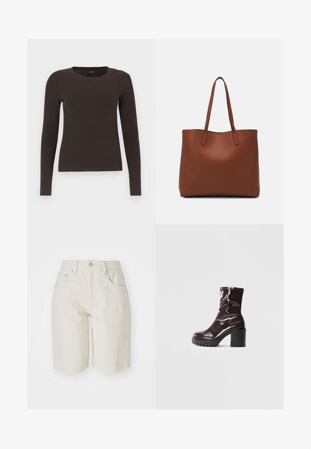 Brown, long-sleeve ribbed top with a crew neckline. Made from a smooth, stretchy material, featuring a fitted silhouette and minimal detailing.; Beige denim shorts with a mid-rise waist, five pockets, and a straight-leg design. Fabric appears durable with a smooth texture and frayed hem.; Glossy burgundy ankle boot with a chunky black heel, featuring a smooth texture and simple design. No visible fastenings or patterns.; Brown leather tote bag with a smooth texture, open top design, and two shoulder straps. Features minimal stitching and no visible hardware.