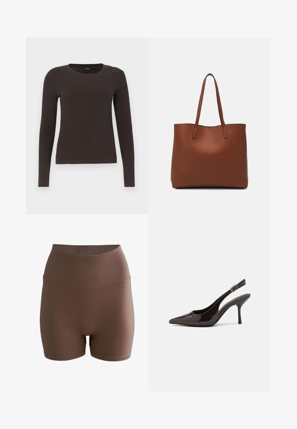 Hnedý, dlhý rukáv, rebrovaný top s okrúhlym výstrihom. Vyrobený z hladkého, elastického materiálu, s priliehavým strihom a minimálnym zdobením.; aim’n® SHAPE SEAMLESS - Šortky - brown; Slingback vysoké opätky v lesklej tmavohnedej lakovej koži, so špicatou špičkou, otvorenými stranami a nastaviteľným remienkom na členku.; Hnedá kožená taška na rameno s hladkou textúrou, otvoreným vrchom a dvoma ramenými popruhmi. Má minimálne šitia a žiadne viditeľné kovania.