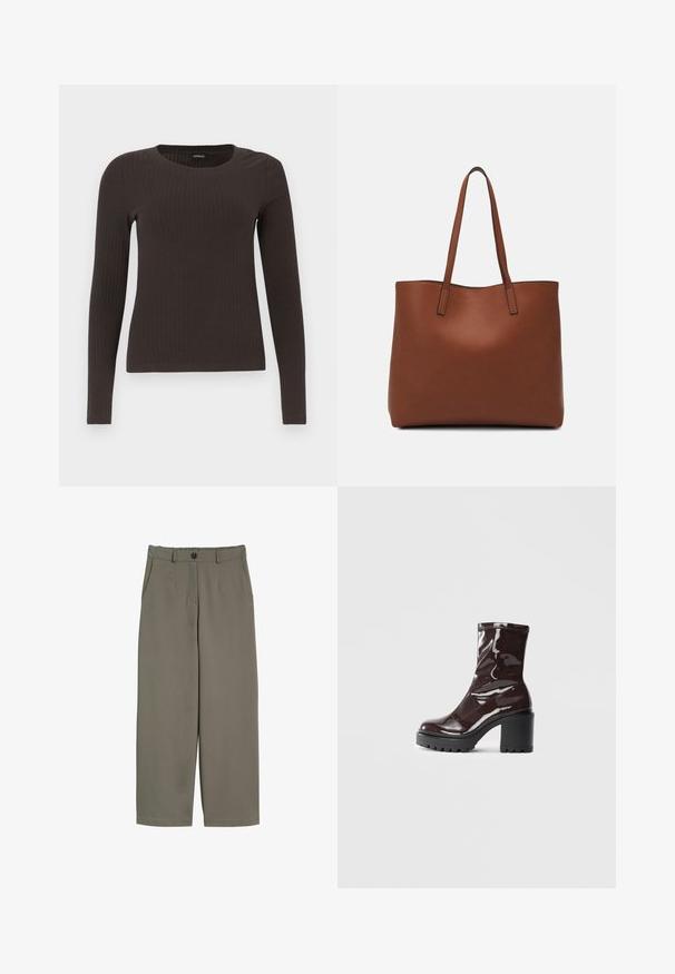 Brun langærmet ribbet top med rund halsudskæring. Fremstillet af et glat, strækbart materiale, med en tætsiddende silhuet og minimalistiske detaljer.; Bredde ben bukser i olivengrønt stof med knaplukning, frontlommer og en glat, let struktureret overflade.; Glatte burgunder ankelstøvler med en chunky sort hæl, der har en glat tekstur og et simpelt design. Ingen synlige lukninger eller mønstre.; Brun læder tote taske med en glat overflade, åben topdesign og to skulderremme. Har minimal syning og ingen synlig hardware.