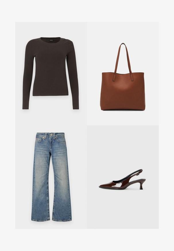 Brun, langermet ribbestrikket topp med rund hals. Laget av et glatt, elastisk materiale, med en tettsittende silhuett og minimalt med detaljer.; Lys blå utsvingte jeans med midjehøyde, falmet tekstur, fem lommer og kobberfarget beslag. Har diskrete sømdetaljer.; Brune patentlæder slingback sko med spids tå og moderat hæl. Har en spænde rem for sikker pasform. Glat tekstur.; Brun lær tote veske med en jevn tekstur, åpen toppdesign og to skulderstropper. Har minimal søm og ingen synlige spiker.
