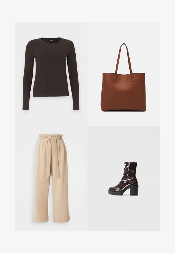 Brown, long-sleeve ribbed top with a crew neckline. Made from a smooth, stretchy material, featuring a fitted silhouette and minimal detailing.; Beige wide-leg trousers with a belted waist, made of textured fabric. Features a front pleat and a smooth finish along the hem.; Glossy burgundy ankle boot with a chunky black heel, featuring a smooth texture and simple design. No visible fastenings or patterns.; Brown leather tote bag with a smooth texture, open top design, and two shoulder straps. Features minimal stitching and no visible hardware.