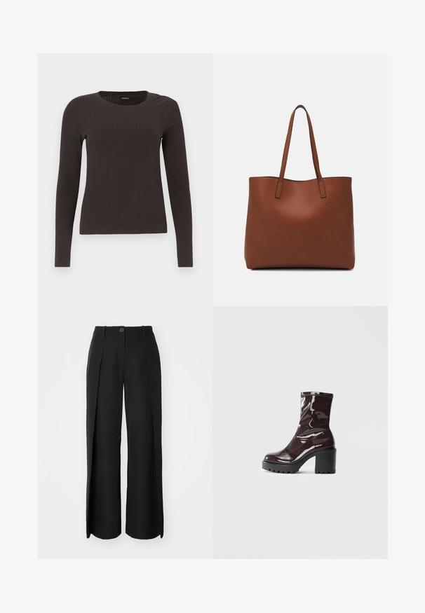 Brown, long-sleeve ribbed top with a crew neckline. Made from a smooth, stretchy material, featuring a fitted silhouette and minimal detailing.; Black wide-leg trousers made of smooth fabric feature front pleats, a single button closure, and belt loops.; Glossy burgundy ankle boot with a chunky black heel, featuring a smooth texture and simple design. No visible fastenings or patterns.; Brown leather tote bag with a smooth texture, open top design, and two shoulder straps. Features minimal stitching and no visible hardware.