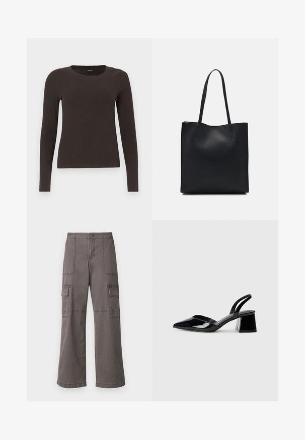 Καφέ, μακρυμάνικο ribbed τοπ με στρογγυλή λαιμόκοψη. Κατασκευασμένο από μια απλή, ελαστική ύλη, με εφαρμοστή σιλουέτα και ελάχιστες λεπτομέρειες.; Γκρι cargo παντελόνι από βαμβάκι με φαρδιά γραμμή, που διαθέτει δύο μπροστινές τσέπες, δύο πλαϊνές τσέπες και εμφανή ραφές.; Μαύρα πατεντέ δερμάτινα γοβάκια slingback με μυτερή μύτη και γεωμετρικό τακούνι. Έχουν κομψό, μινιμαλιστικό σχέδιο και λεία υφή.; Μαύρη δερμάτινη τσάντα tote με λείο υφή, ορθογώνιο σχήμα και δύο μακριές λαβές. Χωρίς ορατό υλικό ή διακοσμητικά στοιχεία.