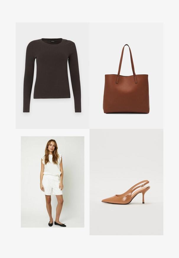 Top marrón de manga larga y con ribete, con cuello redondo. Fabricado con un material suave y elástico, presenta una silueta ajustada y un diseño minimalista.; Moves PENSI - Shorts - snow white; Zapato de tacón tipo slingback con punta afilada en un material suave y brillante de color marrón. Presenta un diseño con corte curvado y un tacón de aguja delgado. Detalle de hebilla plateada.; Bolso tote de cuero marrón con una textura suave, diseño de apertura superior y dos correas para el hombro. Presenta una costura mínima y sin herrajes visibles.