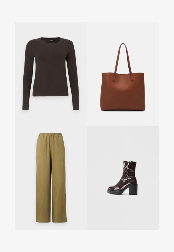 Hnědý, dlouhý rukáv, žebrovaný top s kulatým výstřihem. Vyrobeno z hladkého, elastického materiálu, s přiléhavým střihem a minimálním zdobením.; Khaki široké kalhoty s elastickým pasem, vyrobené z měkké bavlny. Obsahují boční výpustě a rovný střih, což zajišťuje pohodlný fit.; Lesklá bordó kotníková bota s masivním černým podpatkem, se hladkým povrchem a jednoduchým designem. Žádné viditelné zapínání ani vzory.; Hnědá kožená taška přes rameno s hladkou texturou, otevřeným designem a dvěma ramenními popruhy. Obsahuje minimální švy a žádné viditelné kovové prvky.