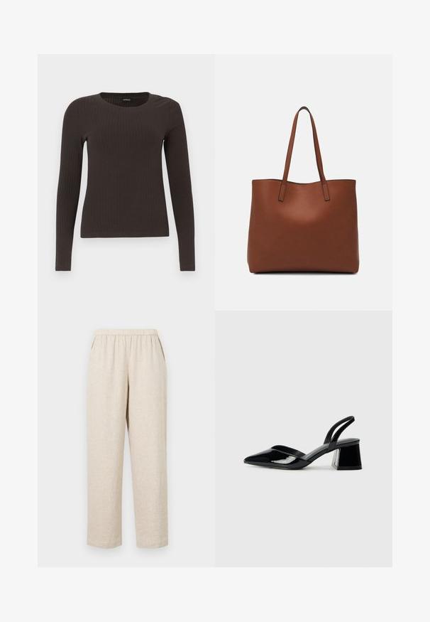 Smeđa, dugokraga, rebrasta majica s dugim rukavima. Izrađena od glatkog, rastezljivog materijala, s prikladnim krojem bez mnogo detalja.; Bežene platnene hlače s elastičnim pojasom, koje imaju bočne džepove, ravne nogavice i teksturirani završetak tkanine.; Crne lakirane kožne sandale s otvorenom petom i špicastim vrhom, s geometrijskom blok petom. Imaju elegantan, minimalistički dizajn i glatku teksturu.; Smeđa kožna torba preko ramena s glatkom teksturom, otvorenim vrhom i dvjema naramenicama. Ima minimalne šavove i nema vidljivog hardvera.