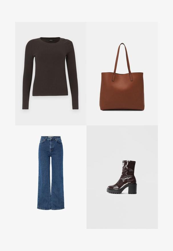 Top marrón de manga larga y con ribete, con cuello redondo. Fabricado con un material suave y elástico, presenta una silueta ajustada y un diseño minimalista.; Jeans de mezclilla azul de cintura alta con piernas anchas, que presentan un diseño tradicional de cinco bolsillos, cierre con botón de metal y costuras en contraste.; Botín burdeos brillante hasta el tobillo con un tacón negro grueso, que presenta una textura suave y un diseño sencillo. Sin cierres ni patrones visibles.; Bolso tote de cuero marrón con una textura suave, diseño de apertura superior y dos correas para el hombro. Presenta una costura mínima y sin herrajes visibles.