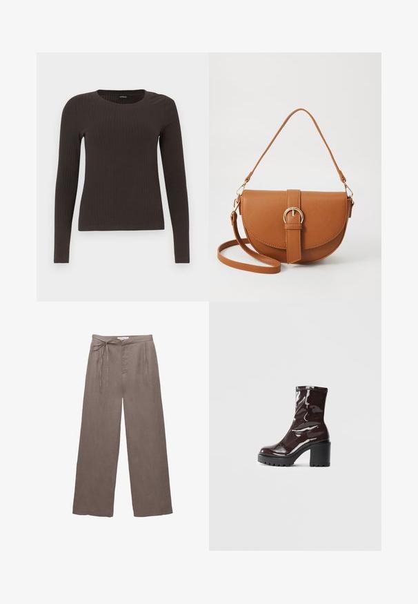 Top ribbed, de culoare maronie, cu mâneci lungi și gât rotund. Fabricat dintr-un material neted și elastic, cu un croi ajustat și detalii minime.; Pantaloni largi din in maro cu talie elastică, având două buzunare laterale și o textură moale. Design simplu și neîmbelșugat.; Botine lucioase burgundy, cu toc gros negru, având o textură netedă și un design simplu. Fără închideri sau modele vizibile.; Geantă din piele maro, tip crossbody, cu o formă curbată, accesorii aurii și un accent cu cataramă. Dispune de un curea de umăr detașabilă.