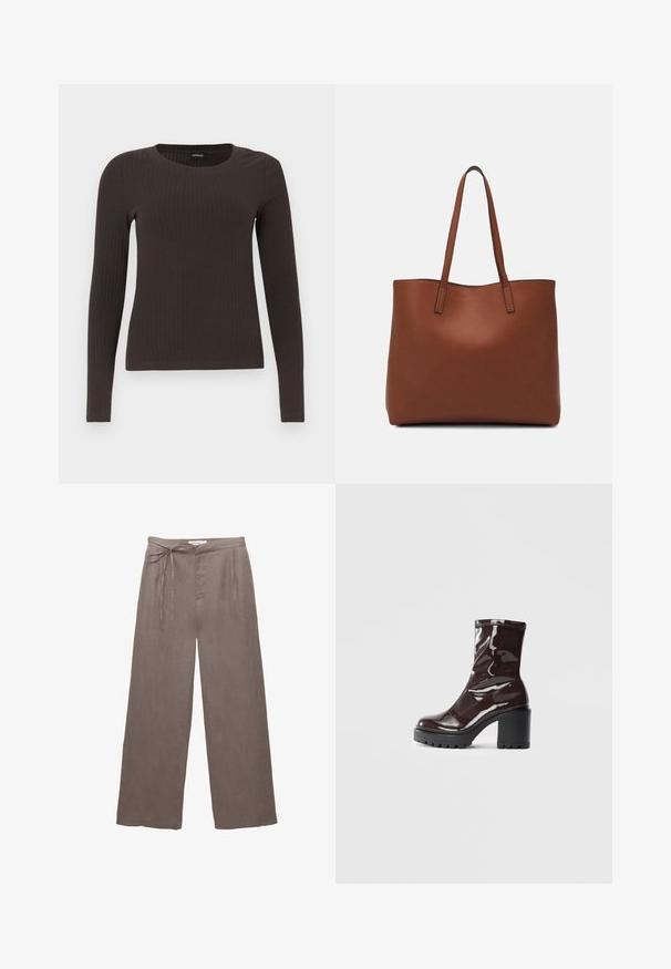 Hnedý, dlhý rukáv, rebrovaný top s okrúhlym výstrihom. Vyrobený z hladkého, elastického materiálu, s priliehavým strihom a minimálnym zdobením.; Hnedé ľanové nohavice s širokými nohavicami a sťahovacím pásom, ktoré majú dve bočné vrecká a mäkkú štruktúru. Jednoduchý a nezdobený dizajn.; Lesklé burgundské kotníkové boty s robustním černým podpatkem, s hladkou strukturou a jednoduchým designem. Bez viditelných zapínání nebo vzorů.; Hnedá kožená taška na rameno s hladkou textúrou, otvoreným vrchom a dvoma ramenými popruhmi. Má minimálne šitia a žiadne viditeľné kovania.
