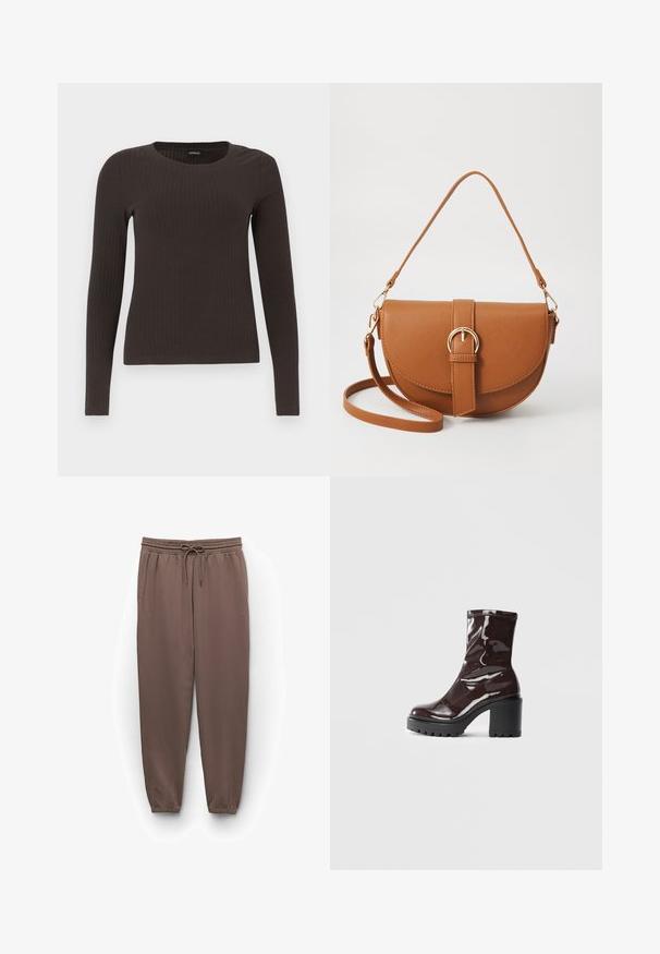 Hnědý, dlouhý rukáv, žebrovaný top s kulatým výstřihem. Vyrobeno z hladkého, elastického materiálu, s přiléhavým střihem a minimálním zdobením.; Hnědé tepláky s elastickým pasem a šňůrkou, zúženým střihem a kulatými manžetami. Vyrobeny z měkké a hladké látky.; Lesklá bordó kotníková bota s masivním černým podpatkem, se hladkým povrchem a jednoduchým designem. Žádné viditelné zapínání ani vzory.; Hnědá kožená křížová taška s zakřiveným tvarem, zlatými detaily a akcentem s přezkou. Obsahuje odnímatelný popruh na rameno.