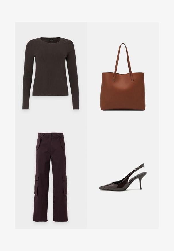 Brązowa, dzianinowa bluzka z długim rękawem i okrągłym dekoltem. Wykonana z gładkiego, elastycznego materiału, z dopasowanym krojem i minimalnymi detalami.; Ciemnofioletowe spodnie cargo o prostym kroju z klapkami na kieszeniach po bokach, ukośnymi kieszeniami z przodu oraz szlufkami na pasek w talii.; Sandały na obcasie typu slingback z błyszczącej ciemno-brązowej lakierowanej skóry, w szpic, z otwartymi bokami i regulowanym paskiem wokół kostki.; Brązowa skórzana torba tote o gładkiej fakturze, z otwartym wierzchem i dwoma ramiączkami. Charakteryzuje się minimalnym przeszyciem i brakiem widocznych elementów metalowych.