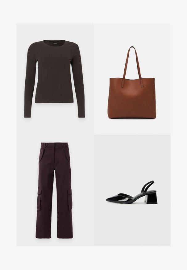 Brązowa, dzianinowa bluzka z długim rękawem i okrągłym dekoltem. Wykonana z gładkiego, elastycznego materiału, z dopasowanym krojem i minimalnymi detalami.; Ciemnofioletowe spodnie cargo o prostym kroju z klapkami na kieszeniach po bokach, ukośnymi kieszeniami z przodu oraz szlufkami na pasek w talii.; Czarne lakierowane półbuty na obcasie z wydłużonym noskiem i geometrycznym słupkiem. Charakteryzują się eleganckim, minimalistycznym designem oraz gładką fakturą.; Brązowa skórzana torba tote o gładkiej fakturze, z otwartym wierzchem i dwoma ramiączkami. Charakteryzuje się minimalnym przeszyciem i brakiem widocznych elementów metalowych.