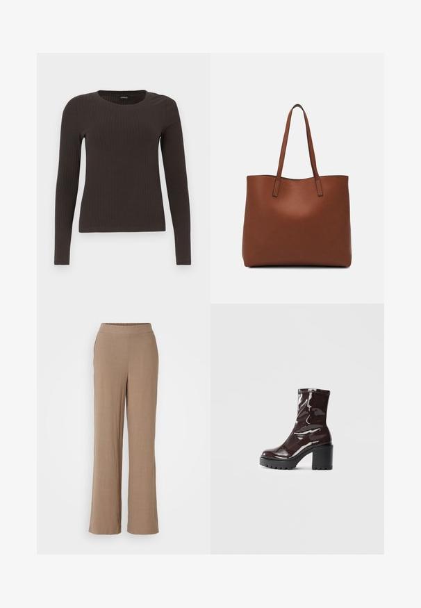 Pruun, pikkade varrukatega ribaga särk, millel on ümar kaelus. Valmistatud siledast, venivast materjalist, omades formatiivset siluetti ja minimaalset dekoratiivsust.; Kerged helepruunid püksid, millel on sile tekstuur ja elastne vöökoht. Ilma nähtavate mustrite või metalldetailideta.; Klakav läikiv burgundi värvi pahkluu saabas, millel on paks must konts, sile tekstuur ja lihtne disain. Nähtavad kinnitused või mustrid puuduvad.; Pruun nahast tote-kott, millel on sile tekstuur, avatud ülaosa disain ja kaks õlarihma. Omab minimaalset õmblust ja nähtavat riistvara ei ole.