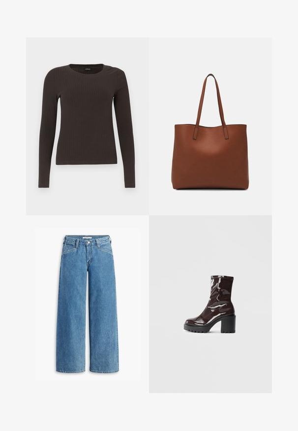 Rudas, su ilgomis rankovėmis, grioveliais dekoruotas viršus su apvaliu iškirpimu. Pagamintas iš lygaus, elastingo audinio, su prigludusia siluetu ir minimaliais akcentais.; Šviesiai mėlynos plačios kojų džinsinės kelnės, pagamintos iš džinsinio audinio, su aukštu liemeniu, penkiais kišenėmis ir klasikiniais sagomais užsegimais. Tiesus fasonas nuo šlaunies iki apatinės dalies.; Blizgus burgundių spalvos kulknapis su tankiu juodu kulnu, pasižymintis lygiu paviršiumi ir paprastu dizainu. Nėra matomų užsegimų ar raštų.; Ruda odinė priekabų krepšys su glotnia tekstūra, atviru viršumi ir dviem petnešomis. Su minimalia siuvimo detalėmis ir nematoma aparatūra.