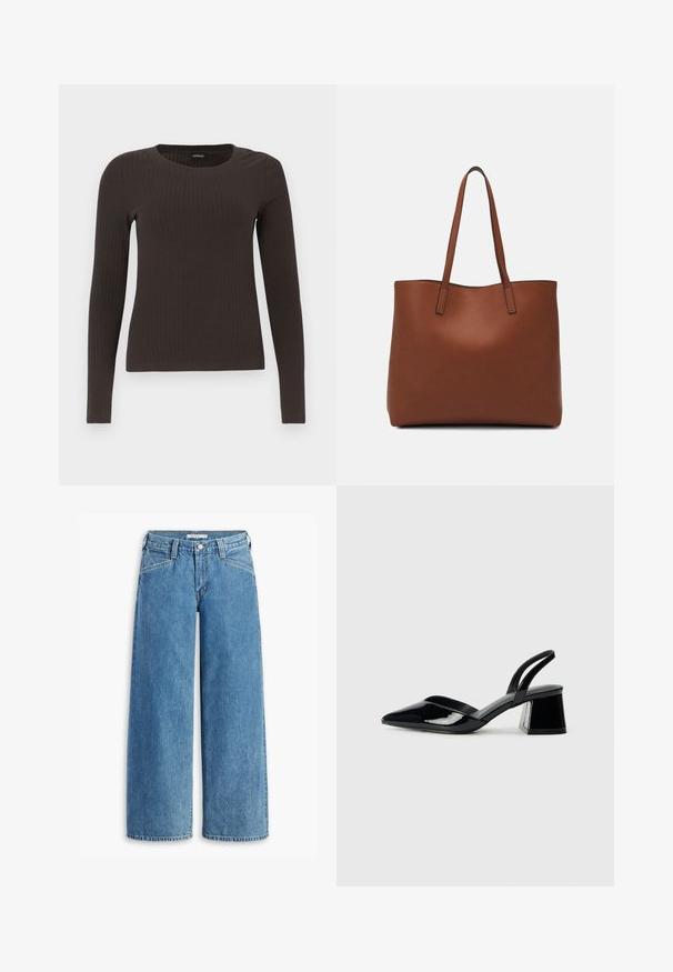 Smeđa, dugokraga, rebrasta majica s dugim rukavima. Izrađena od glatkog, rastezljivog materijala, s prikladnim krojem bez mnogo detalja.; Svijetloplave široke traperice visokog struka, s pet džepova i klasičnom dugmadi. Ravnog kroja od butina do rubova.; Crne lakirane kožne sandale s otvorenom petom i špicastim vrhom, s geometrijskom blok petom. Imaju elegantan, minimalistički dizajn i glatku teksturu.; Smeđa kožna torba preko ramena s glatkom teksturom, otvorenim vrhom i dvjema naramenicama. Ima minimalne šavove i nema vidljivog hardvera.