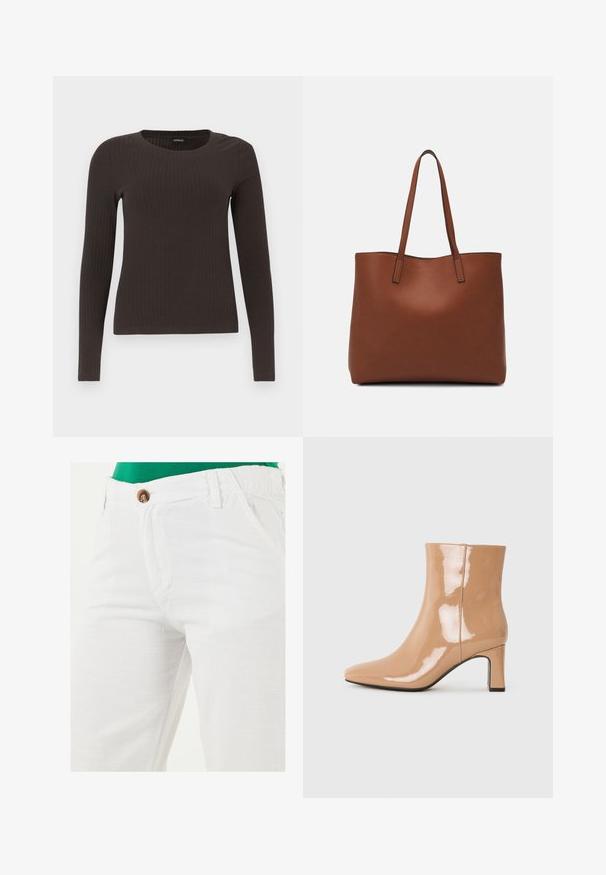 Barna, hosszú ujjú bordázott felső, kerek nyakkivágással. Simább, rugalmas anyagból készült, illeszkedő fazonú és minimális részletezéssel.; LELA REGULAR FIT - Nadrágok - white; Meztelen színű, patent bőr bokacsizma hegyes orral, fényes felülettel és közepes magasságú tömbsarkúval. Simább textúra és elegáns sziluett.; Barna bőr vászontáska sima textúrával, nyitott tetejű dizájnnal és két vállpánttal. Minimális varrással és látható hardver nélkül készült.