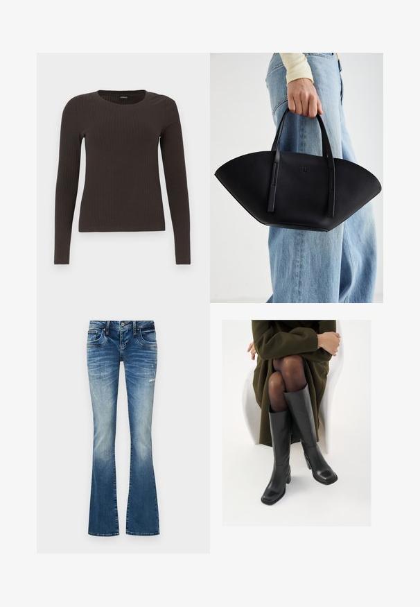 Top castanho de manga longa em malha com decote redondo. Feito de um material suave e elástico, apresentando um silhueta ajustada e detalhes mínimos.; Jeans de ganga azul com detalhes desbotados e desgastados, fecho frontal com botão e zipper, e design de cinco bolsos.; Botas de couro pretas até ao joelho com biqueira quadrada e salto em bloco, apresentadas com um modelo sentado num casaco verde-azeitona. Textura lisa, com detalhes mínimos.; Bolsa de mão em couro preto com uma forma única em leque, apresentando alças planas. A superfície tem uma textura pebble e um design minimalista.