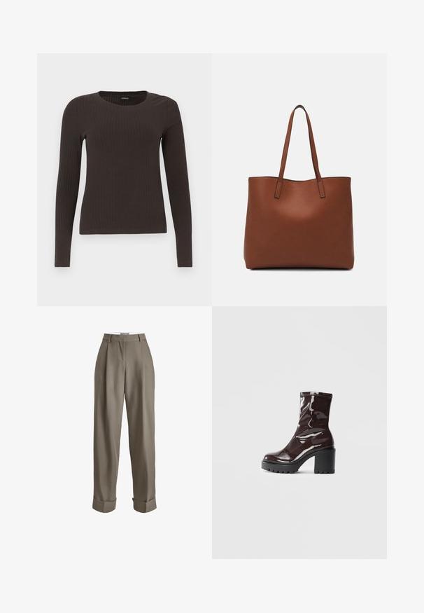 Top castanho de manga longa em malha com decote redondo. Feito de um material suave e elástico, apresentando um silhueta ajustada e detalhes mínimos.; Calças taupe de cintura alta, com ajuste largo, apresentando pregas, bainhas dobradas e uma textura de tecido suave. Sem fechos visíveis.; Bota de tornozelo burgundy brilhante com um salto preto robusto, apresentando uma textura suave e um design simples. Sem fechos ou padrões visíveis.; Bolsa tote de couro castanho com uma textura suave, design de abertura superior e duas alças para o ombro. Apresenta costura mínima e sem hardware visível.