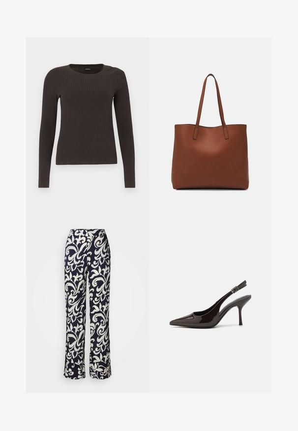 Rudas, su ilgomis rankovėmis, grioveliais dekoruotas viršus su apvaliu iškirpimu. Pagamintas iš lygaus, elastingo audinio, su prigludusia siluetu ir minimaliais akcentais.; Tamsiai mėlynos plačios kelnės su baltu gėlių raštu, pasižyminčios lygiu audiniu, aukštu liemeniu ir platėjančia siluetu.; Blizganti tamsiai ruda lakinės odos aukšto kulno bateliai, smailus nosis, atviros šoninės dalys ir reguliuojamas kulkšnies dirželis.; Ruda odinė priekabų krepšys su glotnia tekstūra, atviru viršumi ir dviem petnešomis. Su minimalia siuvimo detalėmis ir nematoma aparatūra.