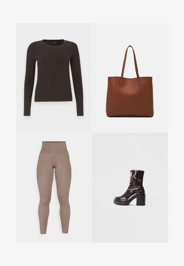 Brun långärmad ribbad topp med rundad halsringning. Tillverkad av ett mjukt, elastiskt material, med en figurnära silhuett och minimala detaljer.; Höga, figurnära leggings i en slät, matt, ljusbrun tyg med sidokanter och utan synliga logotyper eller mönster.; Glansig bordeauxfärgad ankelsko med en kraftig svart klack, som har en slät yta och enkel design. Inga synliga stängningar eller mönster.; Brun läder tote-väska med en slät textur, öppen toppdesign och två axelremmar. Har minimal söm och ingen synlig metalldetalj.