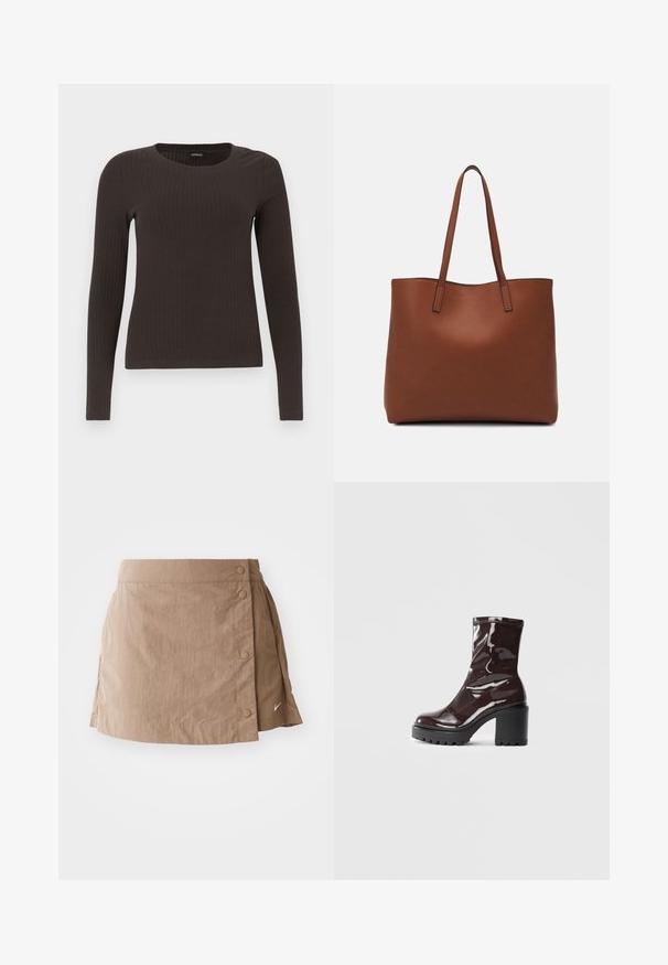 Ruskih, dugih rukava, rebrastih majica s okruglim izrezom. Izrađena od glatkog, rastezljivog materijala, s pripijenim krojem i minimalnim detaljima.; Vaaleanruskea hame, jossa on sileä pinta, kietoutumissuunnittelu, nappikoristeet sivussa ja pieni logo helman lähellä.; Satea bordeaux berwarna mengkilap dengan tumit hitam tebal, menampilkan tekstur halus dan desain sederhana. Tanpa pengikat atau pola yang terlihat.; Ruskea nahkainen olkalaukku, jossa on sileä pinta, avoin yläosa ja kaksi olkahihnaa. Omaavat vain minimaalisen ompelun eikä näkyvää metalliosaa.