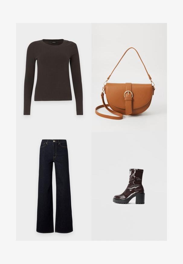 Top castanho de manga longa em malha com decote redondo. Feito de um material suave e elástico, apresentando um silhueta ajustada e detalhes mínimos.; Jeans largos de cor azul escuro feitos de denim, com cintura alta, costura em contraste e um único botão metálico na frente.; Bota de tornozelo burgundy brilhante com um salto preto robusto, apresentando uma textura suave e um design simples. Sem fechos ou padrões visíveis.; Bolsa transversal de couro castanho com um formato curvado, ferragens douradas e um detalhe de fivela. Inclui uma alça de ombro destacável.