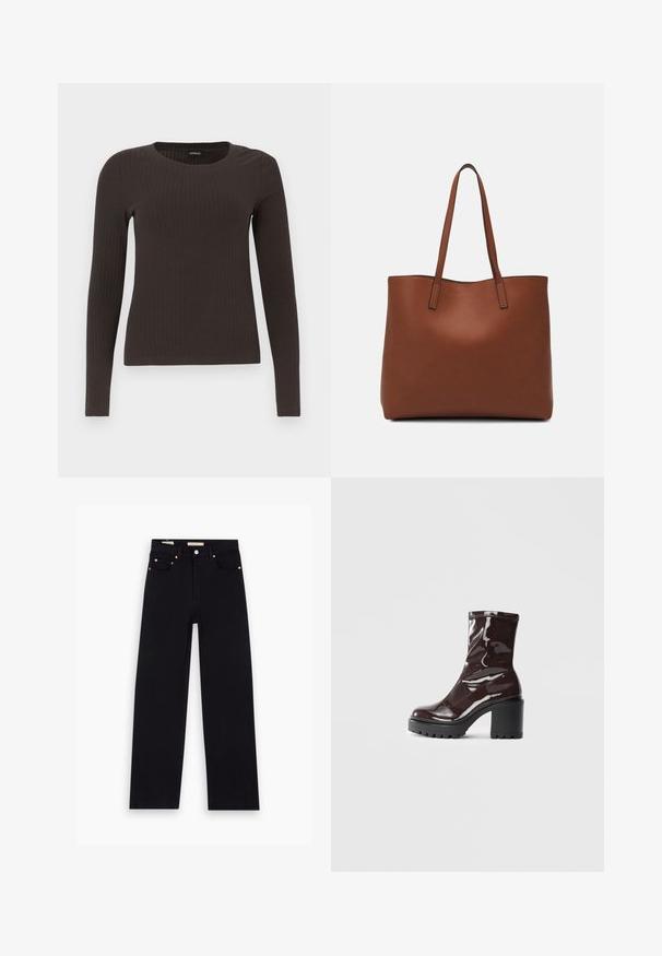 Brown, long-sleeve ribbed top with a crew neckline. Made from a smooth, stretchy material, featuring a fitted silhouette and minimal detailing.; Black denim jeans with a straight-leg cut, five pockets, copper hardware, and a smooth texture. Two labels visible on the waistband.; Glossy burgundy ankle boot with a chunky black heel, featuring a smooth texture and simple design. No visible fastenings or patterns.; Brown leather tote bag with a smooth texture, open top design, and two shoulder straps. Features minimal stitching and no visible hardware.