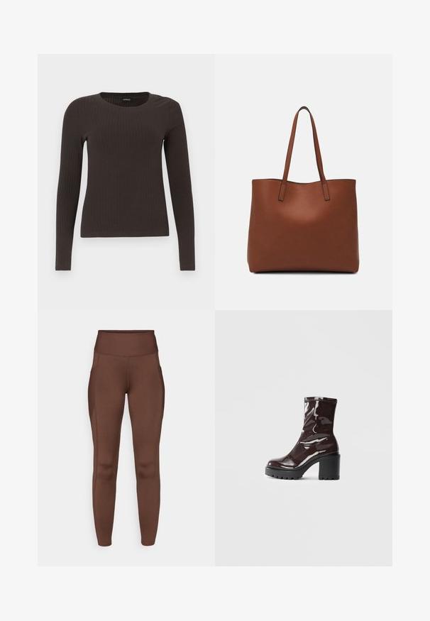 Pruun, pikkade varrukatega ribaga särk, millel on ümar kaelus. Valmistatud siledast, venivast materjalist, omades formatiivset siluetti ja minimaalset dekoratiivsust.; Pruunid venivad retuusid kõrge vöökohaga, millel on küljetaskud ja sile pind. Õmbluse detail rõhutab kuju.; Klakav läikiv burgundi värvi pahkluu saabas, millel on paks must konts, sile tekstuur ja lihtne disain. Nähtavad kinnitused või mustrid puuduvad.; Pruun nahast tote-kott, millel on sile tekstuur, avatud ülaosa disain ja kaks õlarihma. Omab minimaalset õmblust ja nähtavat riistvara ei ole.