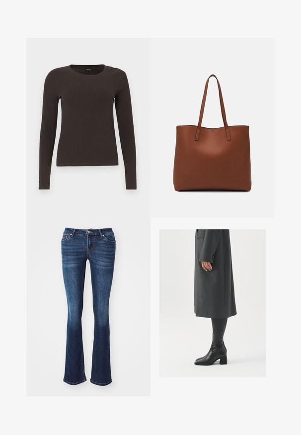 Brun, langermet ribbestrikket topp med rund hals. Laget av et glatt, elastisk materiale, med en tettsittende silhuett og minimalt med detaljer.; Mørkeblå slengbukser laget av denim. Har fem lommer, glidelås og knappelukking, samt subtil bleking på forsiden av lårene.; Grå, skreddersydd frakk med rett snitt; kombinert med knehøye svarte lærstøvler med firkantet tå og kraftig hæl.; Brun lær tote veske med en jevn tekstur, åpen toppdesign og to skulderstropper. Har minimal søm og ingen synlige spiker.
