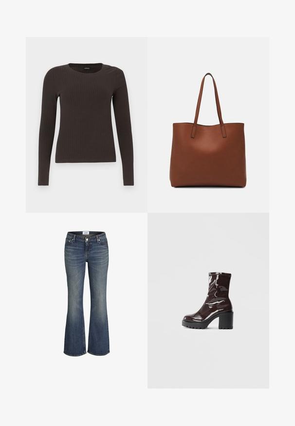 Brūns, garām piedurknēm ribots tops ar apaļu kakla izgriezumu. Izgatavots no gludas, elastīgas materiāla, ar pieguļošu siluetu un minimālu apdari.; Zils denim džinsi ar nelielu izbalējumu uz augšstilbiem un ceļgaliem, priekšā ar pogu un rāvējslēdzēju, ar bootcut stila kājām.; Spīdīgas bordo potīšu botītes ar masīlu melnu papēdi, kurām ir gluda tekstūra un vienkāršs dizains. Nav redzamu aizdari vai rakstu.; Brūna ādas iepirkumu soma ar gludu tekstūru, atvērta augšdaļa un divas plecu siksnas. Izceļas ar minimālām šuvēm un redzamu aparatūru nav.