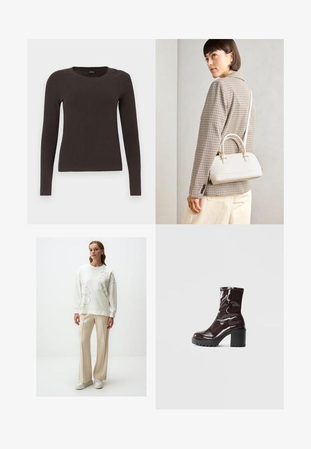 Brązowa, dzianinowa bluzka z długim rękawem i okrągłym dekoltem. Wykonana z gładkiego, elastycznego materiału, z dopasowanym krojem i minimalnymi detalami.; Biała bluza z dużym, konturowym wzorem kwiatowym, zestawiona z beżowymi, szerokimi spodniami. Gładka tekstura, luźny krój i białe sneakersy.; Błyszczące bordowe botki za kostkę z masywną czarną obcasem, charakteryzujące się gładką teksturą i prostym wzornictwem. Brak widocznych zapięć lub wzorów.; Biała torebka o strukturalnym kształcie z krótkimi uchwytami i paskiem na ramię, z złotymi akcentami i teksturowanym materiałem, prezentowana na szarym tle.