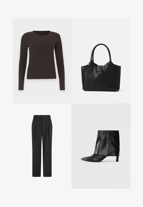 Un haut marron à manches longues en rib avec un col rond. Fabriqué dans un matériau lisse et extensible, il présente une silhouette ajustée et un minimum de détails.; Pantalons noirs à rayures avec une taille haute, un devant plissé et une coupe droite. Le tissu semble texturé et confectionné pour un look formel.; Botte noire en cuir mi-mollet avec bout pointu, tige supérieure repliée et petit talon élancé, se tenant sur fond blanc.; Sac fourre-tout en cuir noir avec une texture lisse, une forme structurée, deux poignées et un détail en boucle argentée proéminent à l'avant.
