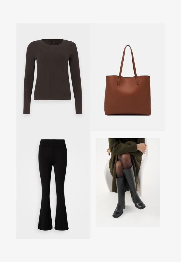 Brun långärmad ribbad topp med rundad halsringning. Tillverkad av ett mjukt, elastiskt material, med en figurnära silhuett och minimala detaljer.; Gina Tricot Petite SOFT TOUCH PETITE FOLDED FLARE TROUSERS - Tygbyxor - black; Knähöga svarta läderstövlar med fyrkantig tå och klack i blockmodell, visade med en modell sittande i en olivgrön kappa. Slät textur, minimal detaljering.; Brun läder tote-väska med en slät textur, öppen toppdesign och två axelremmar. Har minimal söm och ingen synlig metalldetalj.