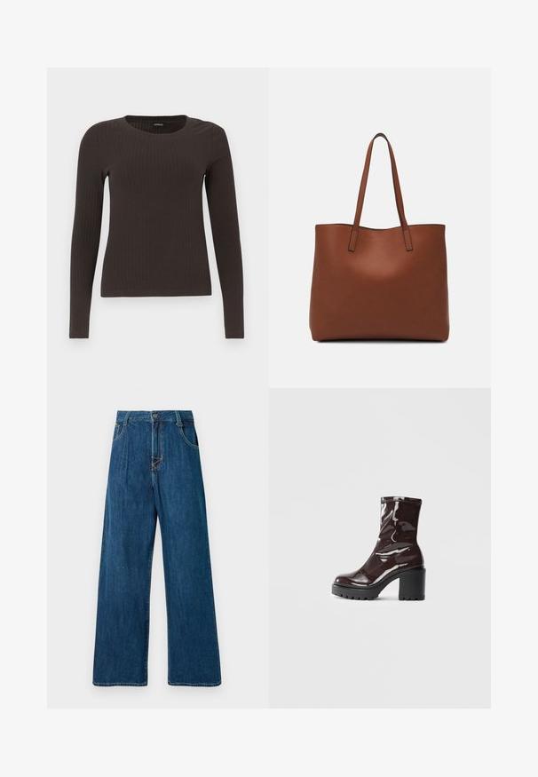 Brun långärmad ribbad topp med rundad halsringning. Tillverkad av ett mjukt, elastiskt material, med en figurnära silhuett och minimala detaljer.; Breda denimjeans i mörkblått med knappstängning, fem fickor och synliga sömmar. Slät yta. Ingen dekoration.; Glansig bordeauxfärgad ankelsko med en kraftig svart klack, som har en slät yta och enkel design. Inga synliga stängningar eller mönster.; Brun läder tote-väska med en slät textur, öppen toppdesign och två axelremmar. Har minimal söm och ingen synlig metalldetalj.