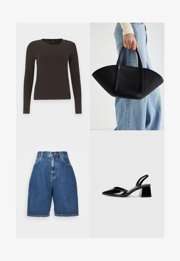 Rudas, su ilgomis rankovėmis, grioveliais dekoruotas viršus su apvaliu iškirpimu. Pagamintas iš lygaus, elastingo audinio, su prigludusia siluetu ir minimaliais akcentais.; Tamsiai mėlyni džinsiniai šortai su aukštu liemeniu. Yra klasikinė penkių kišenių stilius, tiesus išpjovimas ir apvyniota pakraštis. Pagaminti iš medvilnės.; Juodos lakuotos odinės šlepetės su smailiu pirštu ir geometriniu bloko kulnu. Turi elegantišką, minimalistinį dizainą ir lygų paviršių.; Juodas odinis rankinis uždangalas unikaliu ventiliatoriaus formos dizainu, turintis plokščias rankenas. Paviršius turi akmeninė tekstūrą ir minimalistišką dizainą.