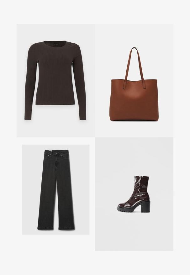 Ruskih, dugih rukava, rebrastih majica s okruglim izrezom. Izrađena od glatkog, rastezljivog materijala, s pripijenim krojem i minimalnim detaljima.; Musta korkeavyötäröinen suora lahkeinen farkut, joissa on viisi taskua ja kuparirullat, asetettuna litteäksi vaaleanharmaata taustaa vasten.; Satea bordeaux berwarna mengkilap dengan tumit hitam tebal, menampilkan tekstur halus dan desain sederhana. Tanpa pengikat atau pola yang terlihat.; Ruskea nahkainen olkalaukku, jossa on sileä pinta, avoin yläosa ja kaksi olkahihnaa. Omaavat vain minimaalisen ompelun eikä näkyvää metalliosaa.