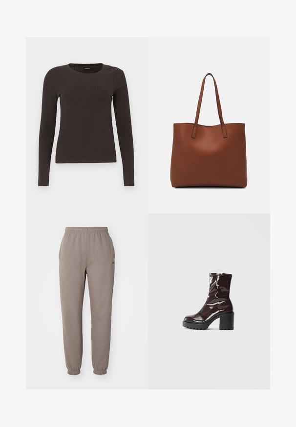 Ruskih, dugih rukava, rebrastih majica s okruglim izrezom. Izrađena od glatkog, rastezljivog materijala, s pripijenim krojem i minimalnim detaljima.; Ruske sweatpantsit pehmeästä kankaasta, joissa on joustava vyötärö, napitettuhelma ja sivutaskut. Hieman huomaamaton brändäys reidessä.; Satea bordeaux berwarna mengkilap dengan tumit hitam tebal, menampilkan tekstur halus dan desain sederhana. Tanpa pengikat atau pola yang terlihat.; Ruskea nahkainen olkalaukku, jossa on sileä pinta, avoin yläosa ja kaksi olkahihnaa. Omaavat vain minimaalisen ompelun eikä näkyvää metalliosaa.