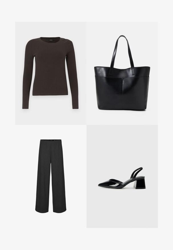 Rudas, su ilgomis rankovėmis, grioveliais dekoruotas viršus su apvaliu iškirpimu. Pagamintas iš lygaus, elastingo audinio, su prigludusia siluetu ir minimaliais akcentais.; Juodos plačios kelnės su vertikaliomis baltomis juostelėmis, pasižyminčios pritaikytu dizainu ir lygia tekstūra. Nėra matomų kišenių ar metalinių detalių.; Juodos lakuotos odinės šlepetės su smailiu pirštu ir geometriniu bloko kulnu. Turi elegantišką, minimalistinį dizainą ir lygų paviršių.; Juoda odinė rankinė su dviem ilgais diržais, lygiu paviršiumi ir struktūrizuota forma. Yra priekinė kišenė papildomam saugojimui.