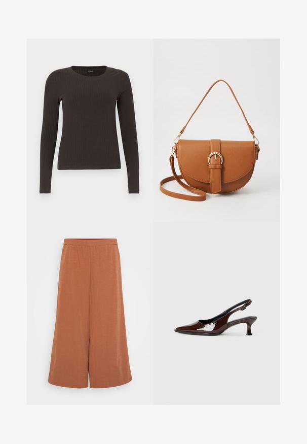 Top ribbed, de culoare maronie, cu mâneci lungi și gât rotund. Fabricat dintr-un material neted și elastic, cu un croi ajustat și detalii minime.; Culotte de culoare ruginie, realizate dintr-un material ușor, creponat. Au un sistem de prindere elastic la talie și picioare late, fluide. Textură netedă pe întreaga suprafață.; Pantofii slingback din piele patent maro, cu vârful ascuțit și un toc moderat. Prezintă o curea cu prindere pentru o potrivire sigură. Textură netedă.; Geantă din piele maro, tip crossbody, cu o formă curbată, accesorii aurii și un accent cu cataramă. Dispune de un curea de umăr detașabilă.