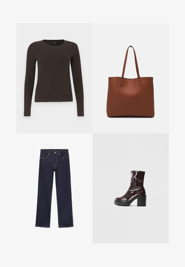 Bruine, lang%C3%A8ve ribgebreide top met een ronde hals. Gemaakt van een soepel, rekbaar materiaal, met een getailleerde pasvorm en minimale details.; Donkerblauwe denim jeans met een rechte pijpontwerp, voorzien van vijf zakken en contrasterende stiksels. De zoom heeft zijsplitten voor extra detail.; Glanzende bordeauxrode enkelboot met een chunky zwarte hak, met een gladde textuur en een eenvoudig ontwerp. Geen zichtbare sluitingen of patronen.; Bruine leren tote bag met een gladde textuur, een ontwerp met een open bovenkant en twee schouderbanden. Kenmerkt zich door minimale stiksels en geen zichtbare hardware.
