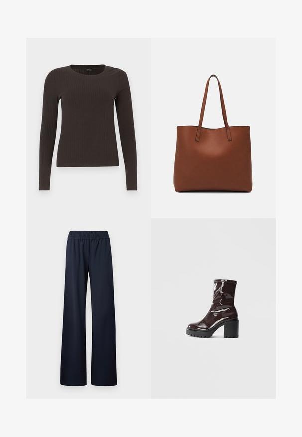 Brun langærmet ribbet top med rund halsudskæring. Fremstillet af et glat, strækbart materiale, med en tætsiddende silhuet og minimalistiske detaljer.; Marineblå vide bukser, lavet af glat stof, med elastisk talje og fuldlængde design uden yderligere detaljer.; Glatte burgunder ankelstøvler med en chunky sort hæl, der har en glat tekstur og et simpelt design. Ingen synlige lukninger eller mønstre.; Brun læder tote taske med en glat overflade, åben topdesign og to skulderremme. Har minimal syning og ingen synlig hardware.