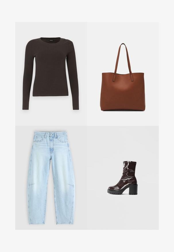 Top castanho de manga longa em malha com decote redondo. Feito de um material suave e elástico, apresentando um silhueta ajustada e detalhes mínimos.; Calças de ganga de um azul claro com um corte descontraído, com cintura alta, design de cinco bolsos e um desbotado subtil com detalhes de bainha desfiada.; Bota de tornozelo burgundy brilhante com um salto preto robusto, apresentando uma textura suave e um design simples. Sem fechos ou padrões visíveis.; Bolsa tote de couro castanho com uma textura suave, design de abertura superior e duas alças para o ombro. Apresenta costura mínima e sem hardware visível.