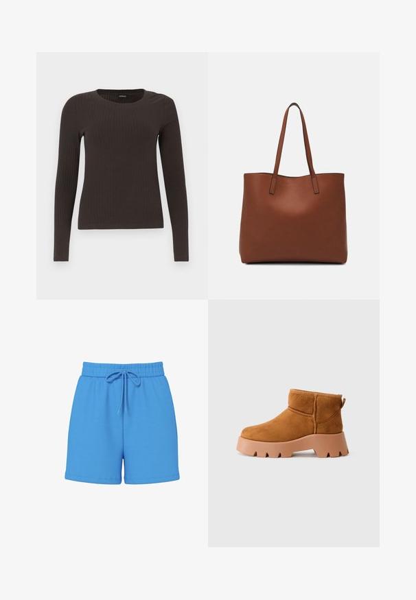 Rudas, su ilgomis rankovėmis, grioveliais dekoruotas viršus su apvaliu iškirpimu. Pagamintas iš lygaus, elastingo audinio, su prigludusia siluetu ir minimaliais akcentais.; Mėlynos medvilninės šortai su elastingu juosmeniu ir raišteliu. Lygi tekstūra, iki kelių ilgio, be matomų raštų ar akcentų.; Šviesiai rudos sukojos batus iki kulkšnies su apvaliu pirštu, tekstūruota ruda apačia ir užtrauktuku. Yra siuvinėta siūlė ir storas platformos dizainas.; Ruda odinė priekabų krepšys su glotnia tekstūra, atviru viršumi ir dviem petnešomis. Su minimalia siuvimo detalėmis ir nematoma aparatūra.