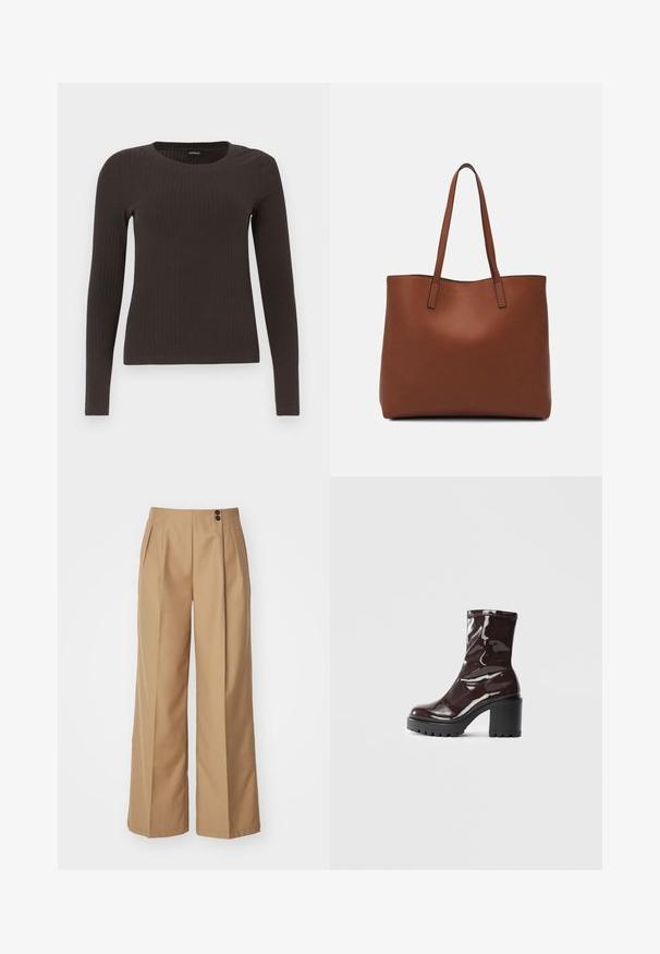 Smeđa, dugokraga, rebrasta majica s dugim rukavima. Izrađena od glatkog, rastezljivog materijala, s prikladnim krojem bez mnogo detalja.; Hlače širokih nogavica u smeškastom materijalu, sa dva prednja nabora, visokim strukom i dva smeđa dugmeta na pojasu. Glatka tekstura.; Sjajna burgundska čizma do gležnja s debelim crnim potplatom, koja se odlikuje glatkom teksturom i jednostavnim dizajnom. Nema vidljivih kopčanja ili uzoraka.; Smeđa kožna torba preko ramena s glatkom teksturom, otvorenim vrhom i dvjema naramenicama. Ima minimalne šavove i nema vidljivog hardvera.