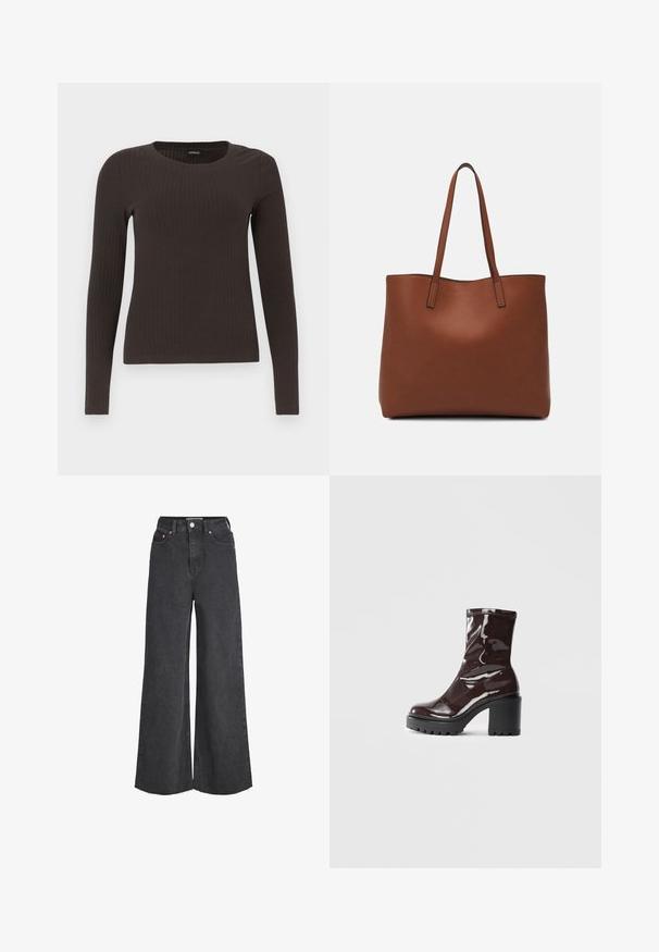 Top ribbed, de culoare maronie, cu mâneci lungi și gât rotund. Fabricat dintr-un material neted și elastic, cu un croi ajustat și detalii minime.; Blugi negri largi, cu talie înaltă, cu nasture și fermoar frontal, cinci buzunare și detalii cu margine brută.; Botine lucioase burgundy, cu toc gros negru, având o textură netedă și un design simplu. Fără închideri sau modele vizibile.; Geantă de umăr din piele maro cu o textură netedă, design cu vârf deschis și două curele pentru umăr. Prezintă cusături minime și fără componente metalice vizibile.