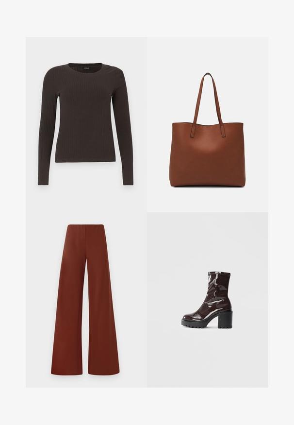 Rjav, dolgosleeve rebrasti zgornji del s krožnim izrezom. Narejen iz gladkega, raztegljivega materiala, z oprijetim silhuetom in minimalnimi detajli.; Hlače širokih nogavic iz gladkega materiala v bogati, temni rjavi barvi. Imajo visok pas in čiste linije brez vidnih zaponk.; Sijajan škrlatank z bleščečim videzom, z masivnim črnim peto, ki se ponaša z gladko teksturo in preprostim dizajnom. Brez vidnih zapenjal ali vzorcev.; Rjava usnjena torba z gladko teksturo, odprto zasnovo zgoraj in dvema naramnima trakovoma. Opremljena je z minimalnim šivanjem in brez vidnih kovinskih delov.