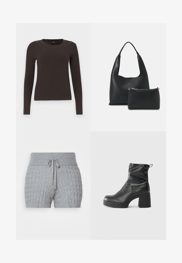 Hnedý, dlhý rukáv, rebrovaný top s okrúhlym výstrihom. Vyrobený z hladkého, elastického materiálu, s priliehavým strihom a minimálnym zdobením.; Sivé pletené šortky s textúrovaným dizajnom, vybavené rebrovaným pásom a nastaviteľnou šnúrkou. Krátka dĺžka, mäkká tkanina.; Čierne členkové topánky z hladkej kože, so bočným zipsom, robustnou textúrovanou pätnou časťou a zaobleným dizajnom špičky.; Even&Odd Kabelka - black