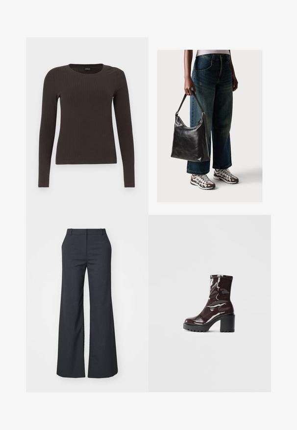 Bruine, lang%C3%A8ve ribgebreide top met een ronde hals. Gemaakt van een soepel, rekbaar materiaal, met een getailleerde pasvorm en minimale details.; Weekday EMILY SUITING - Broek - dark grey melange; Glanzende bordeauxrode enkelboot met een chunky zwarte hak, met een gladde textuur en een eenvoudig ontwerp. Geen zichtbare sluitingen of patronen.; Zwarte leren schoudertas met een gladde textuur en een verstelbare strap, gecombineerd met vervaagde wijde jeans en sportieve sneakers.