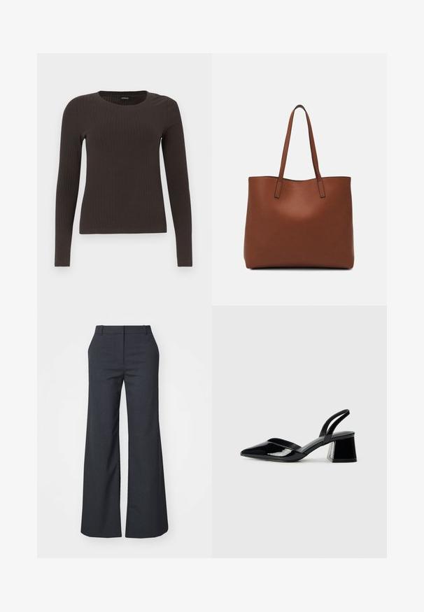 Brown, long-sleeve ribbed top with a crew neckline. Made from a smooth, stretchy material, featuring a fitted silhouette and minimal detailing.; Weekday EMILY SUITING - Trousers - dark grey melange; Black patent leather slingback heels with a pointed toe and a geometric block heel. Features a sleek, minimal design and smooth texture.; Brown leather tote bag with a smooth texture, open top design, and two shoulder straps. Features minimal stitching and no visible hardware.