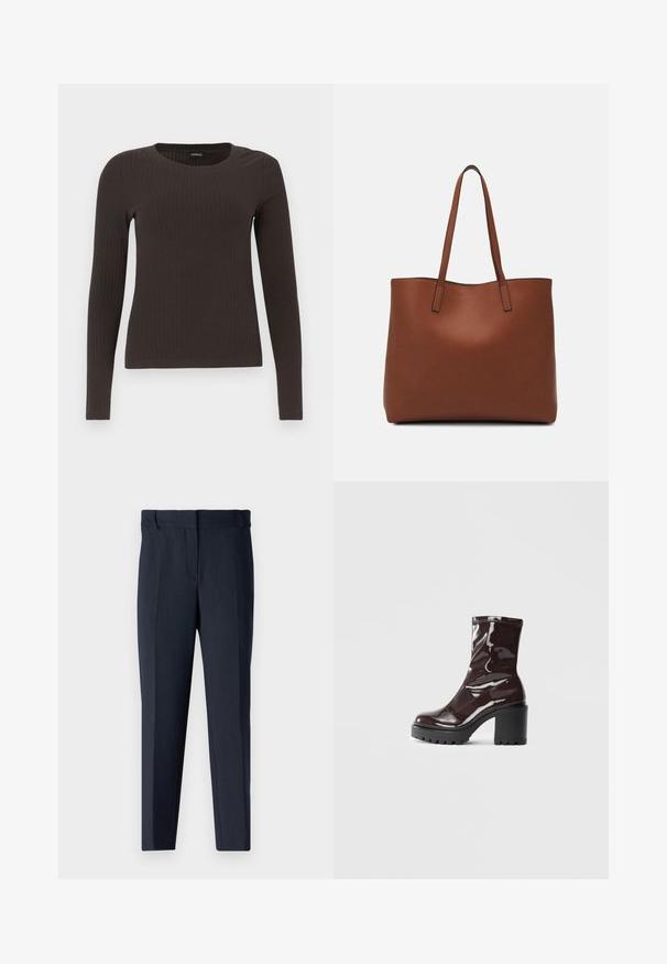 Brown, long-sleeve ribbed top with a crew neckline. Made from a smooth, stretchy material, featuring a fitted silhouette and minimal detailing.; Navy dress pants with a smooth texture, tailored design, flat front, and straight legs. Features belt loops and no visible pockets.; Glossy burgundy ankle boot with a chunky black heel, featuring a smooth texture and simple design. No visible fastenings or patterns.; Brown leather tote bag with a smooth texture, open top design, and two shoulder straps. Features minimal stitching and no visible hardware.